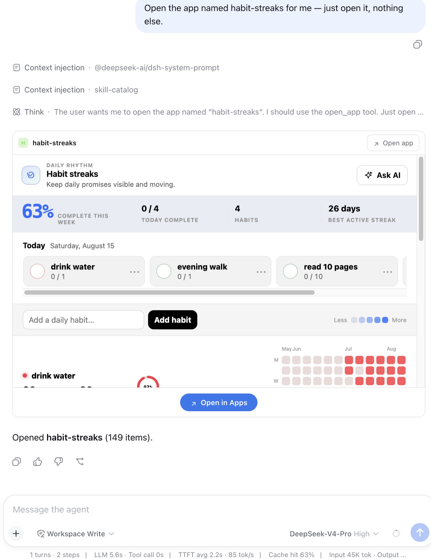 Inline app rendering — an `open_app` tool call becomes the running app, inside an ordinary chat