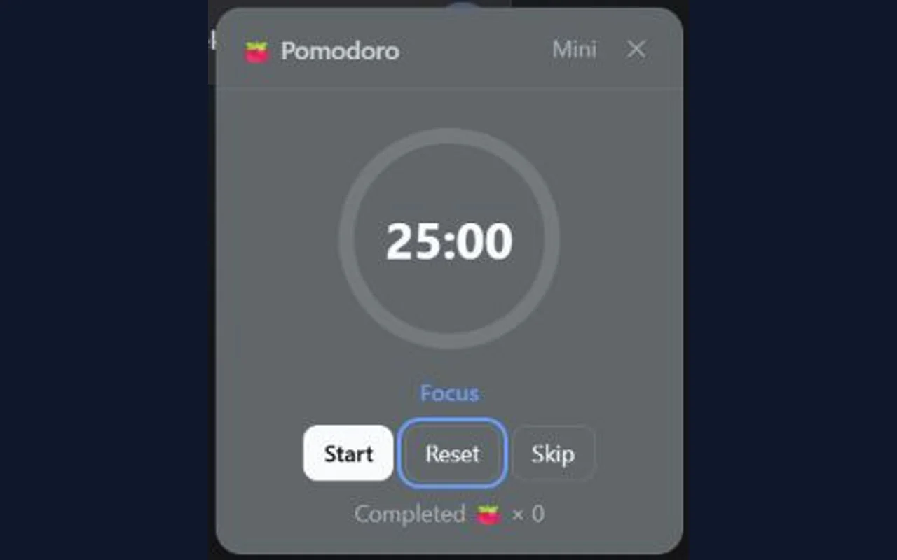 Pomodoro floating panel in the dark theme