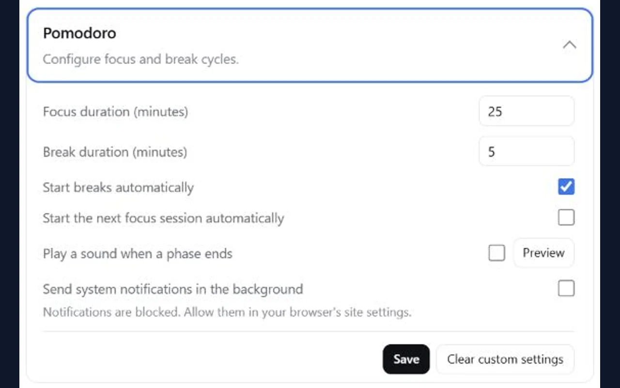 Pomodoro settings card in DSH plugin settings