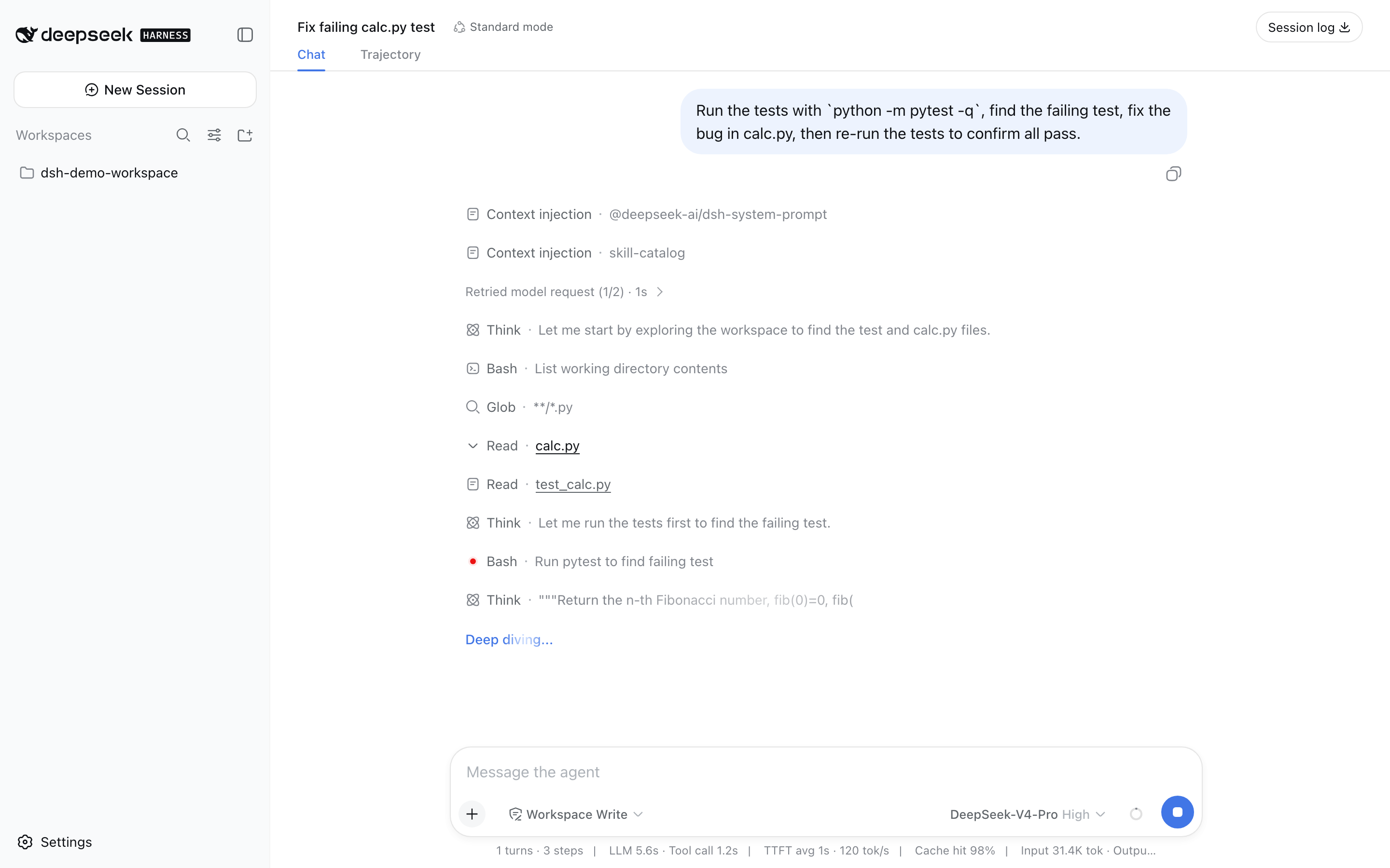 Agent running: context injection, model retry, tool cards, and real-time telemetry