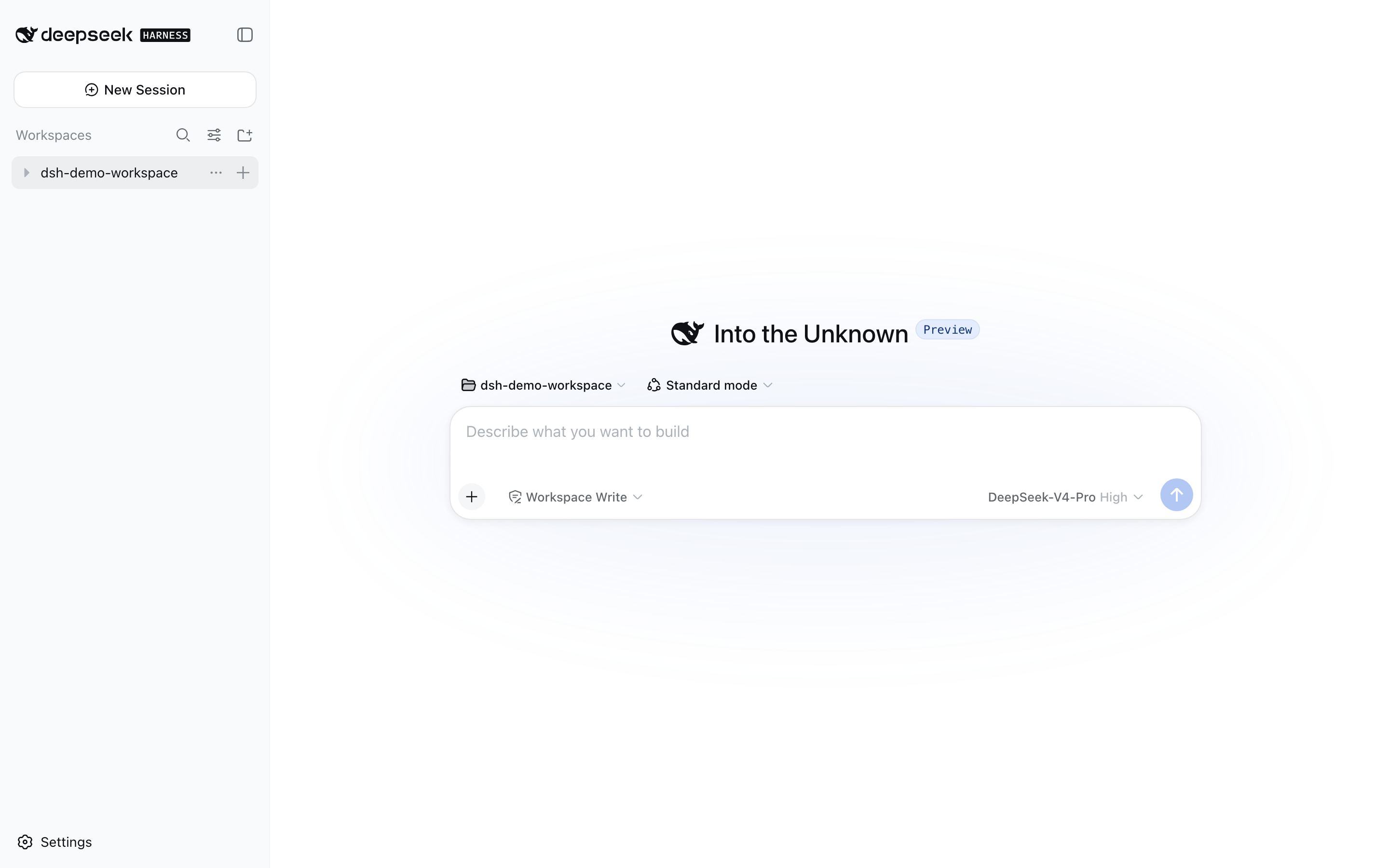 DeepSeek Harness Web UI home page: New Session card, workspace selector, preset (Standard mode), permission tier (Workspace Write), and model selector (DeepSeek-V4-Pro)