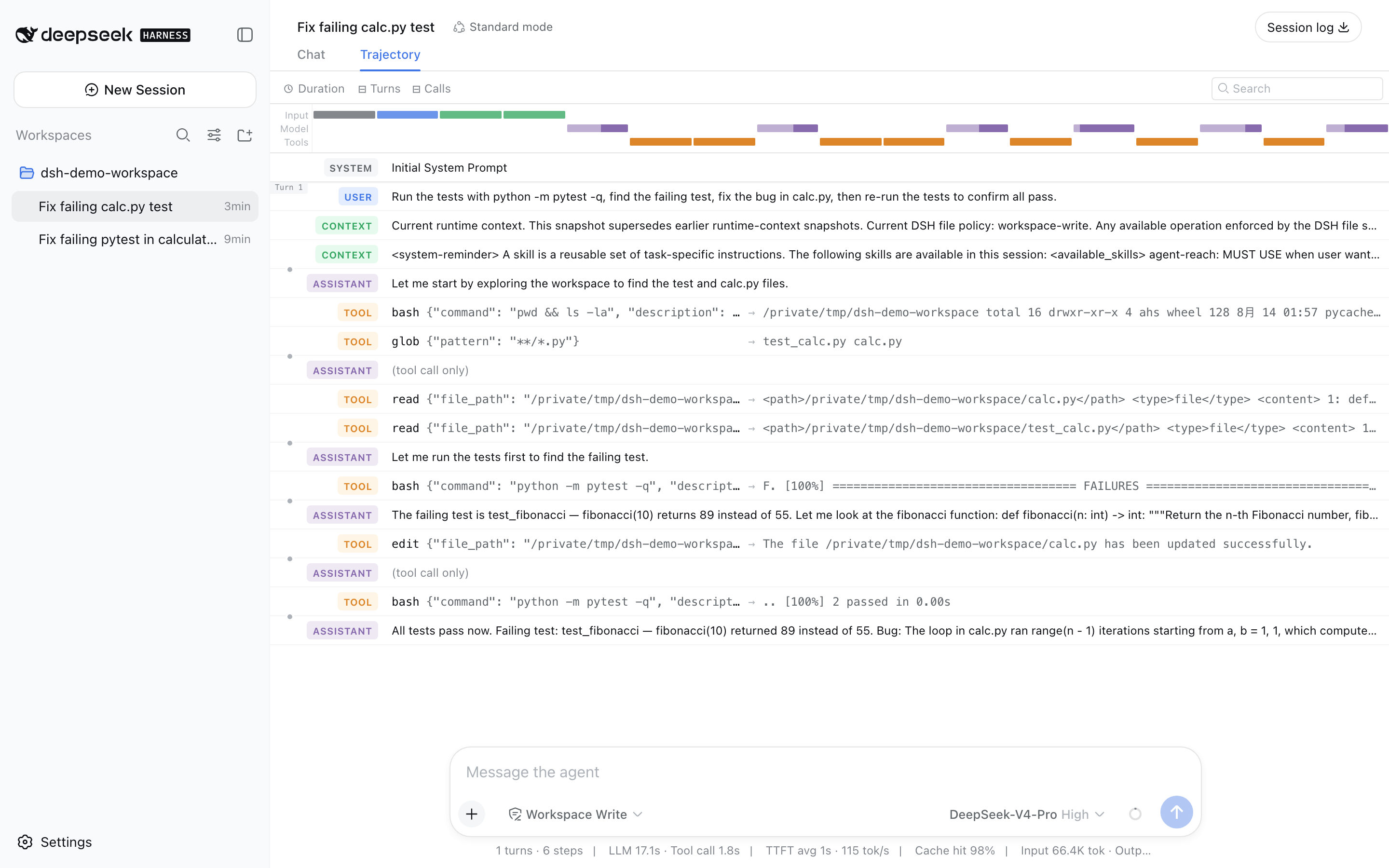 Trajectory view: token composition bar and the SYSTEM/USER/CONTEXT/ASSISTANT/TOOL event sequence within a Turn